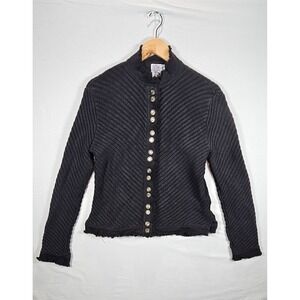 PBJ Blues Ribbed Button Jacket Womens L Ramie Cotton Frayed Trim Boho Chic Artsy